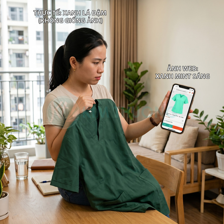 Người phụ nữ so sánh áo xanh lá đậm trên tay với hình ảnh áo xanh mint sáng trên điện thoại khi mua online