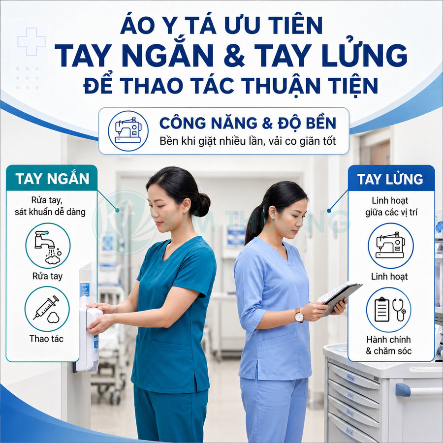 Đồng phục y tá tay ngắn và tay lửng màu xanh, nữ y tá thao tác rửa tay và ghi chép trong bệnh viện