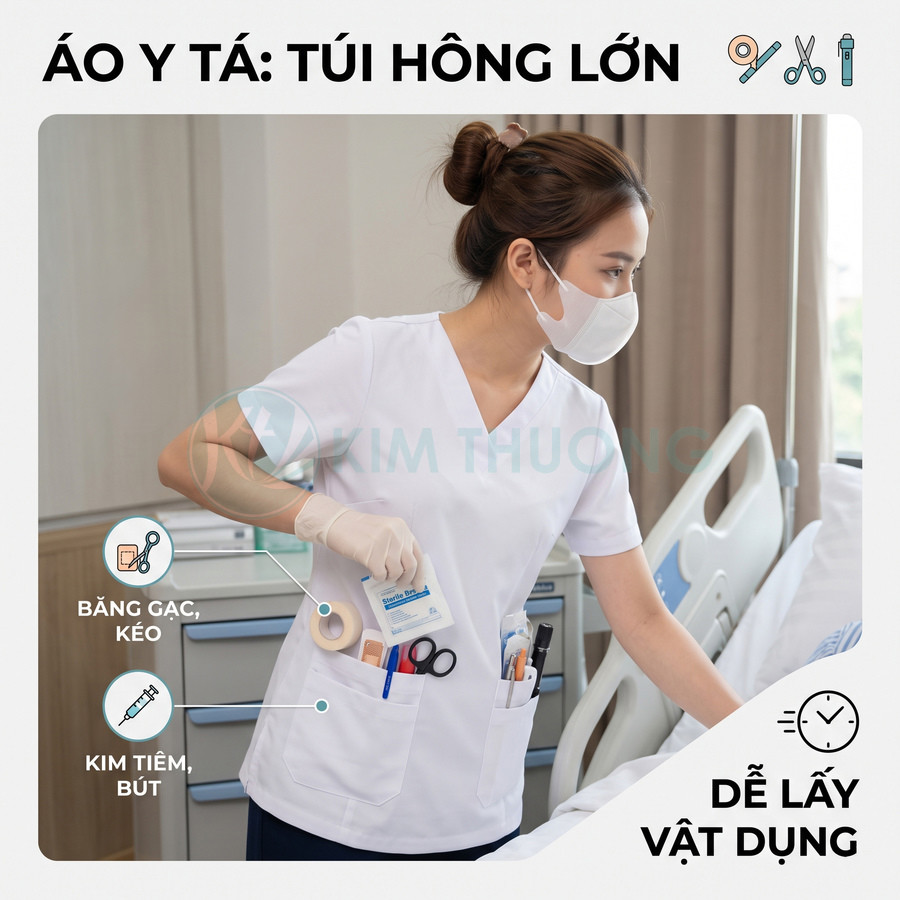 Áo y tá túi hông lớn màu trắng đựng băng gạc, kéo, kim tiêm và bút tiện dụng trong bệnh viện