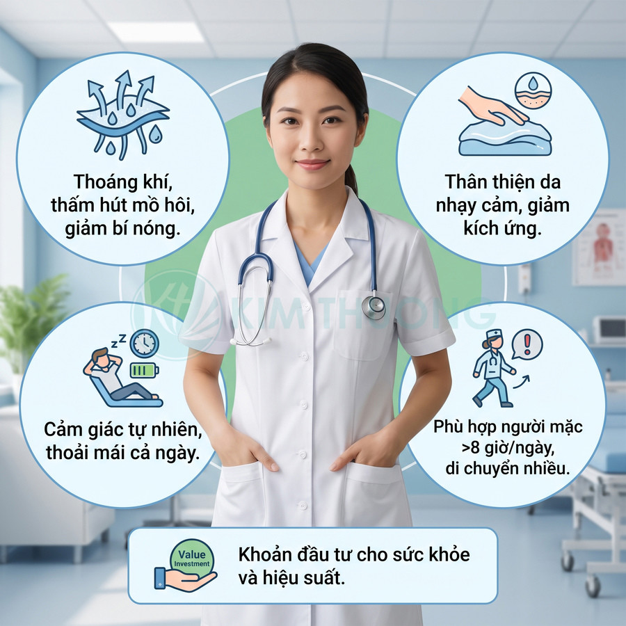 Nữ bác sĩ giới thiệu sản phẩm thoáng khí, thấm hút mồ hôi, dịu nhẹ với da và phù hợp khi làm việc trên 8 giờ mỗi ngày.