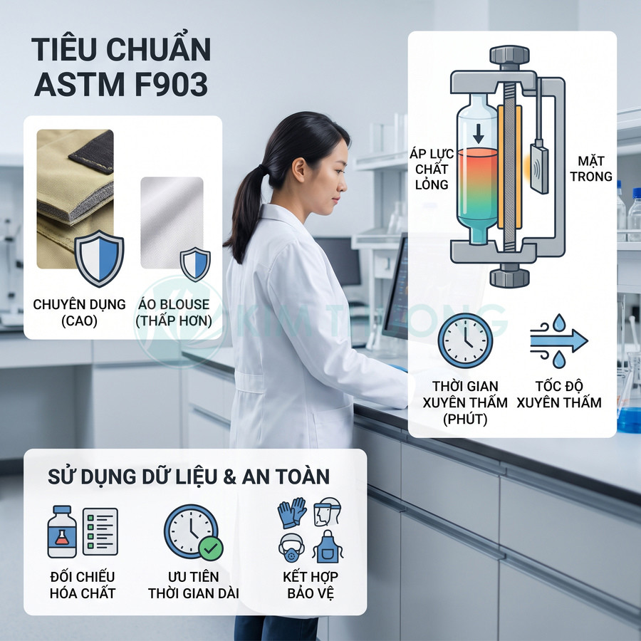 Vải bảo hộ chuyên dụng được kiểm tra khả năng thấm hóa chất theo tiêu chuẩn ASTM F903