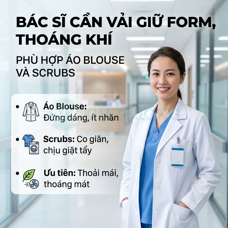 Bác sĩ mặc áo blouse trắng và scrubs xanh đứng trong hành lang bệnh viện, giới thiệu ưu điểm chất liệu vải thoáng khí