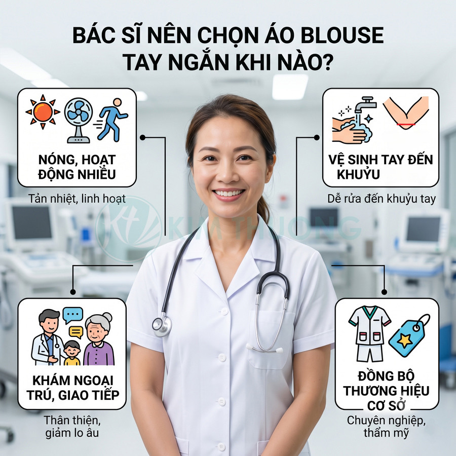 Bác sĩ nữ mặc áo blouse tay ngắn trắng đeo ống nghe đứng trong phòng khám hiện đại