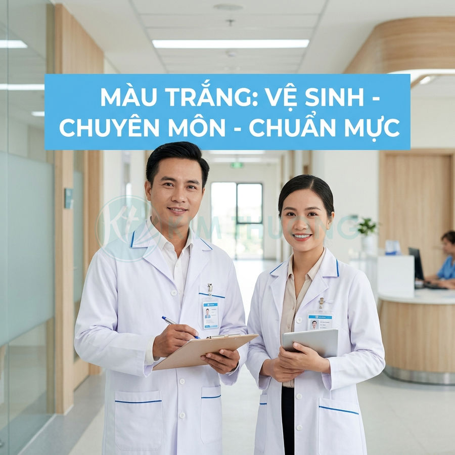Hai bác sĩ mặc áo blouse trắng đứng trong hành lang bệnh viện hiện đại, cầm hồ sơ và máy tính bảng