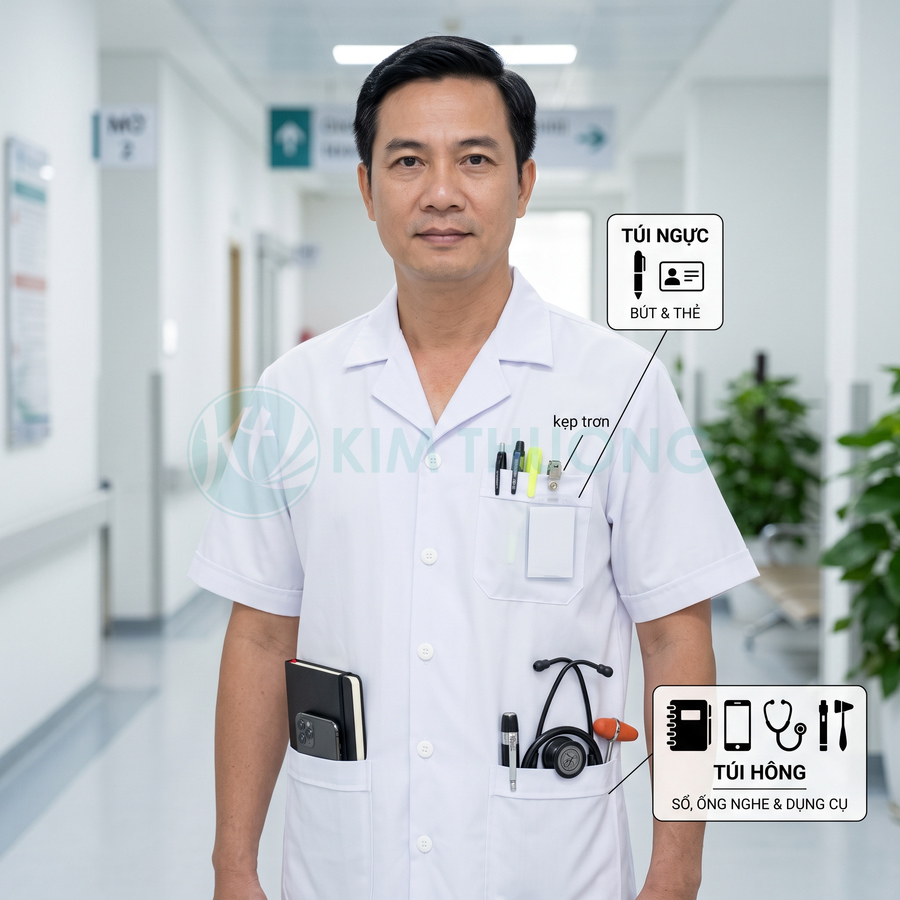 Bác sĩ mặc áo blouse trắng với nhiều túi đựng bút, sổ tay, điện thoại và ống nghe trong hành lang bệnh viện
