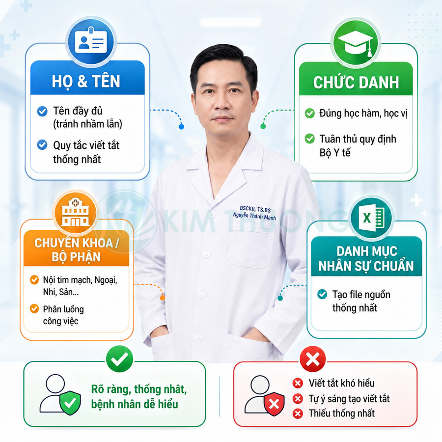 Bác sĩ Nguyễn Thành Mạnh trong áo blouse trắng cùng hướng dẫn chuẩn hóa họ tên, chức danh và chuyên khoa trên hồ sơ y tế