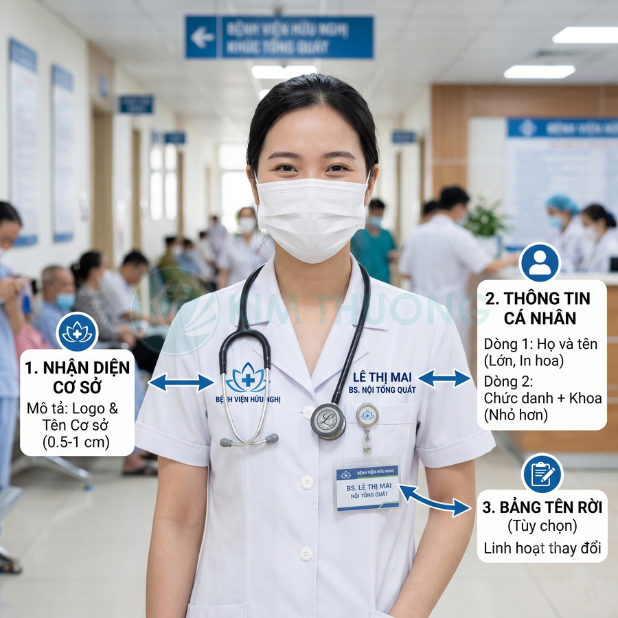 Bác sĩ nữ đeo khẩu trang mặc áo blouse trắng có logo Bệnh viện Hữu Nghị và bảng tên trong hành lang bệnh viện