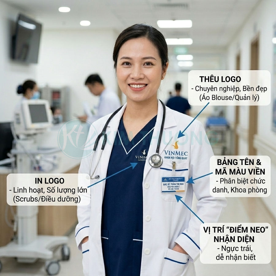 Nữ bác sĩ bệnh viện Vinmec mặc áo blouse trắng, đồng phục xanh, đeo ống nghe và bảng tên trong phòng khám