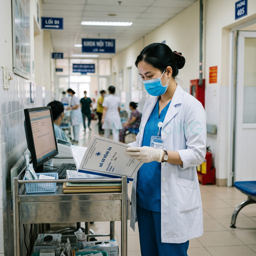 Bác sĩ đeo khẩu trang và găng tay xem hồ sơ bệnh án tại xe đẩy y tế trong hành lang bệnh viện