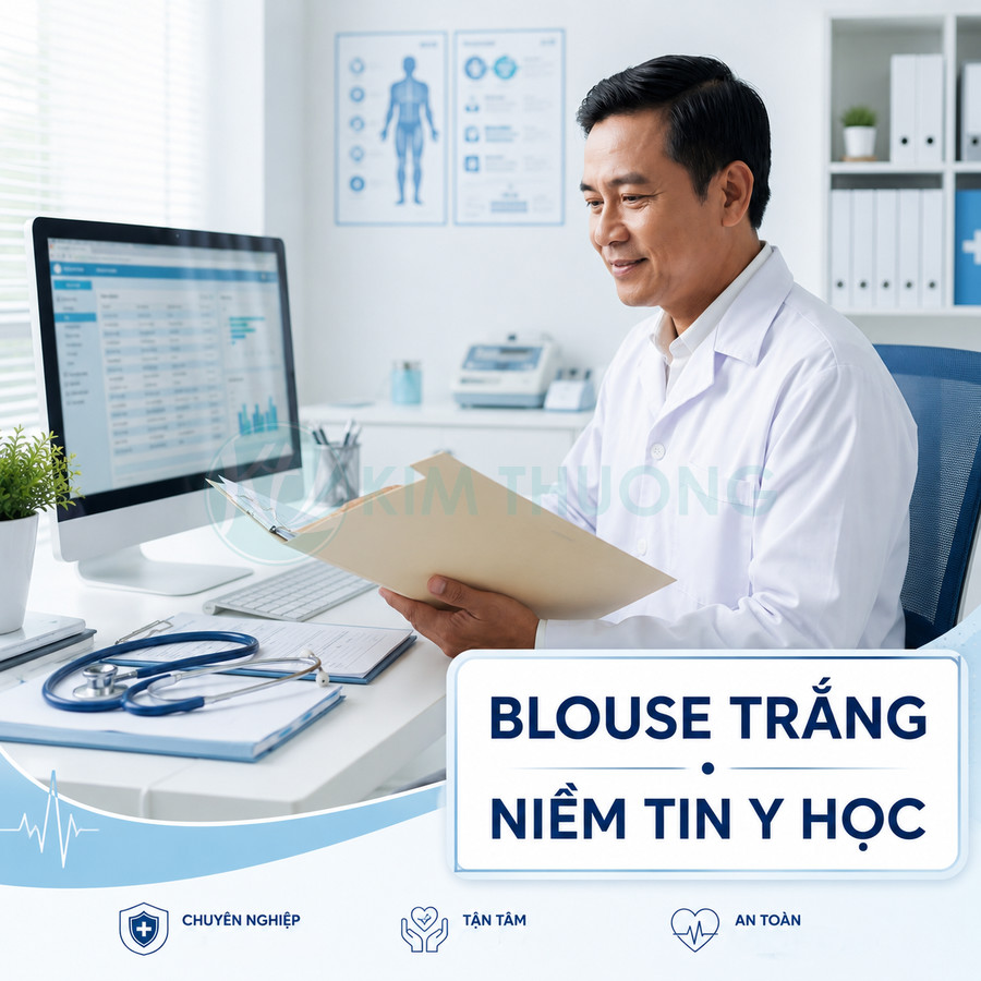 Bác sĩ mặc áo blouse trắng làm việc tại bàn với hồ sơ bệnh án và máy tính trong phòng khám hiện đại