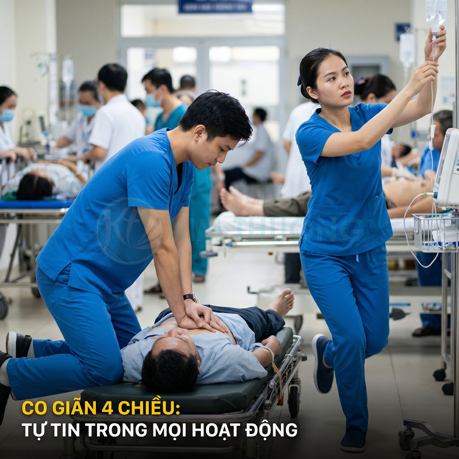 Đồng phục y tá co giãn 4 chiều màu xanh dương hỗ trợ cấp cứu và vận động linh hoạt trong bệnh viện