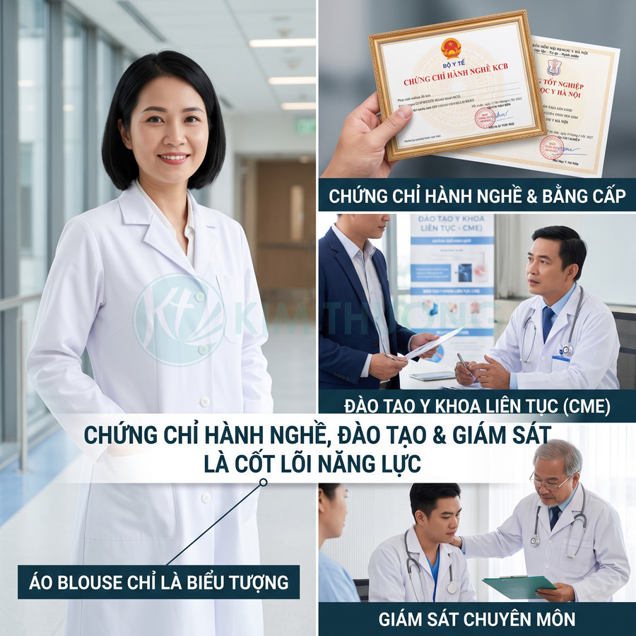 Bác sĩ mặc áo blouse trắng cùng chứng chỉ hành nghề, đào tạo y khoa liên tục và giám sát chuyên môn trong bệnh viện