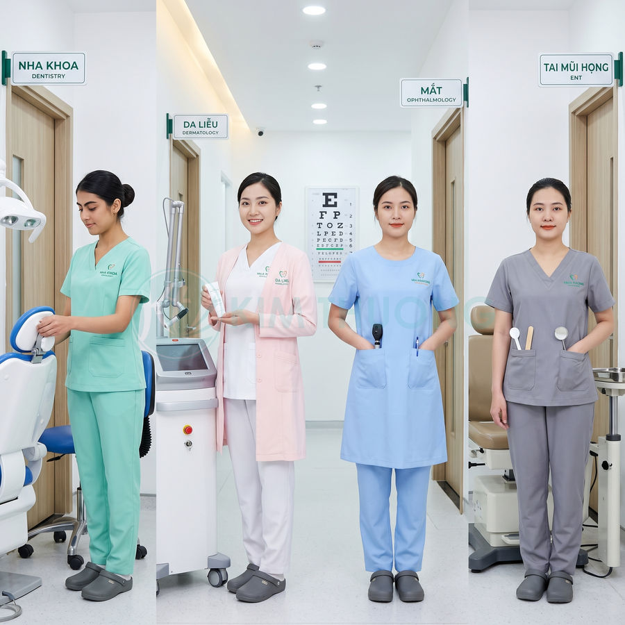 Bộ đồng phục y tá bệnh viện nhiều màu sắc cho các khoa nha khoa da liễu mắt tai mũi họng
