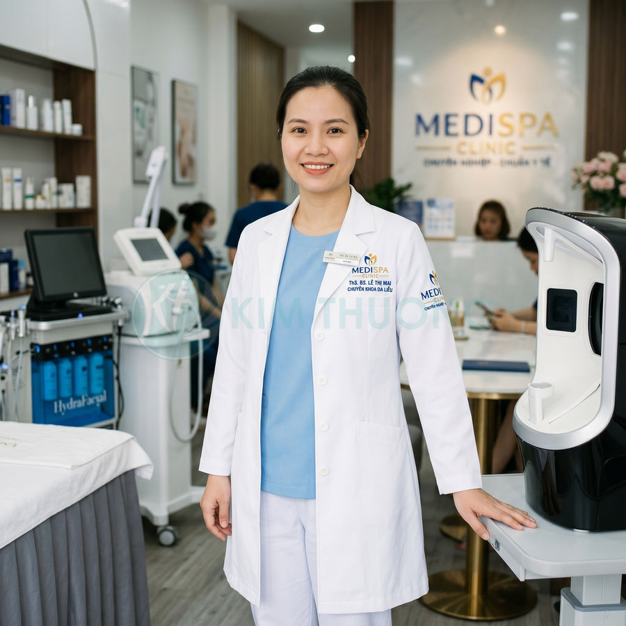 Bác sĩ da liễu Medispa Clinic đứng trong phòng khám với máy soi da và thiết bị chăm sóc da hiện đại