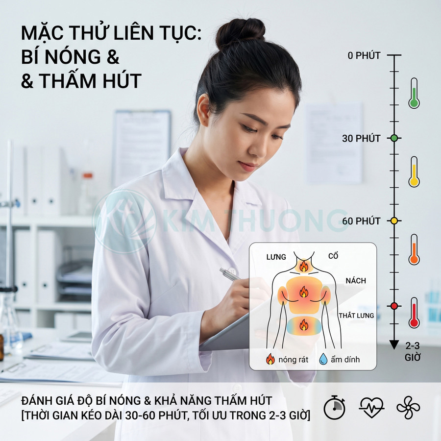 Bác sĩ nữ mặc áo blouse đánh giá độ bí nóng và khả năng thấm hút của sản phẩm trên cơ thể