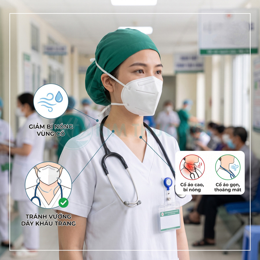 Bác sĩ nữ đeo khẩu trang y tế và ống nghe, mặc đồng phục cổ áo thấp thoáng mát trong bệnh viện