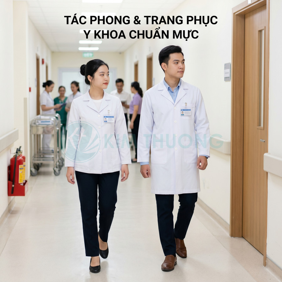 Hai bác sĩ mặc áo blouse trắng và quần âu tối màu đi trong hành lang bệnh viện sạch sẽ