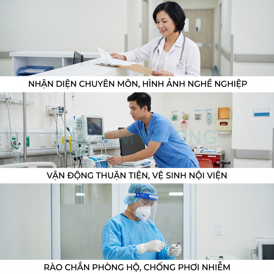 Bác sĩ và nhân viên y tế mặc đồng phục bệnh viện, làm việc trong phòng khám và phòng hồi sức hiện đại