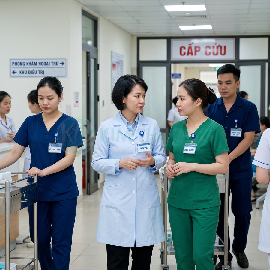 Đội ngũ bác sĩ và điều dưỡng mặc đồng phục y tế trao đổi công việc trong hành lang bệnh viện