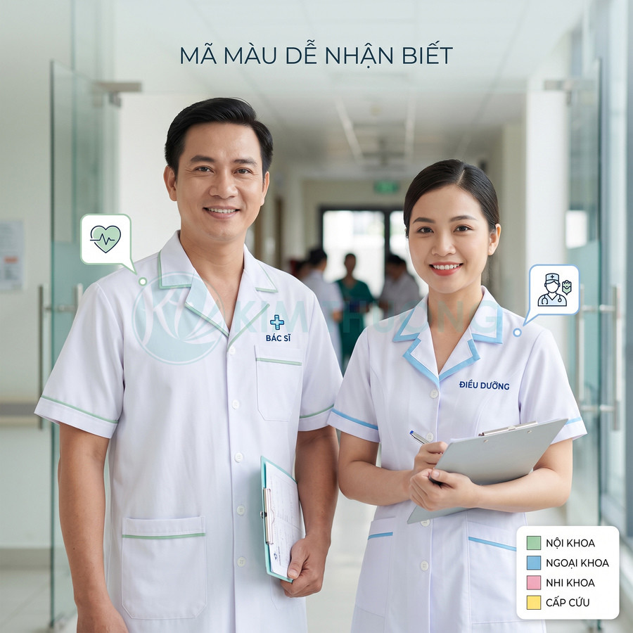 Đồng phục bác sĩ và điều dưỡng màu trắng viền màu phân biệt khoa trong bệnh viện