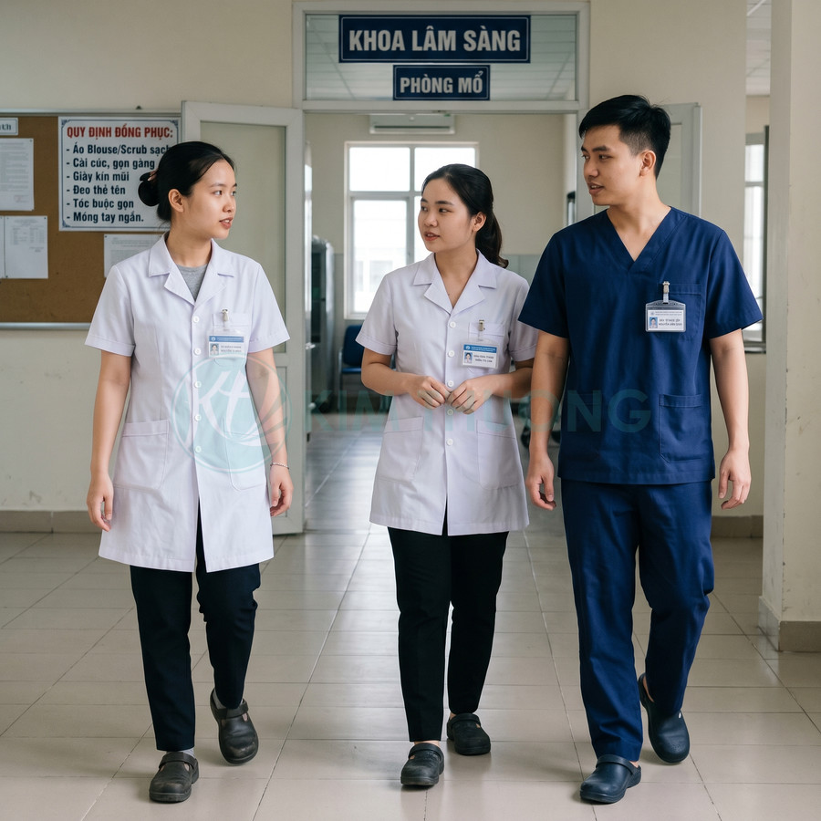 Bộ đồng phục y tá bác sĩ màu trắng và xanh navy cho nhân viên y tế trong bệnh viện