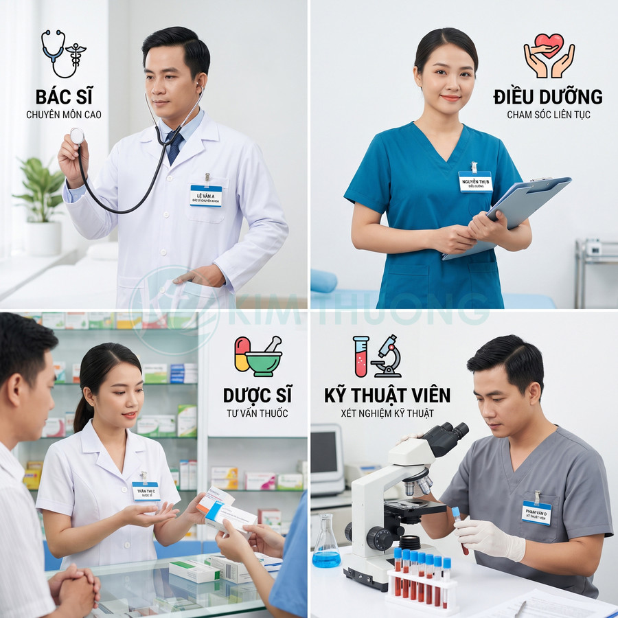 Đội ngũ bác sĩ, điều dưỡng, dược sĩ và kỹ thuật viên xét nghiệm đang làm việc trong cơ sở y tế hiện đại