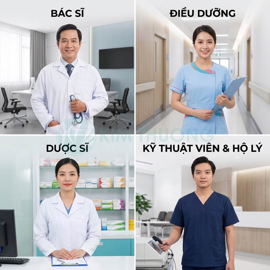 Đội ngũ bác sĩ, điều dưỡng, dược sĩ, kỹ thuật viên và hộ lý trong bệnh viện hiện đại