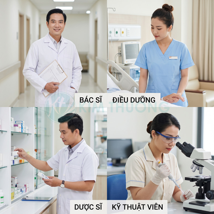 Bác sĩ, điều dưỡng, dược sĩ và kỹ thuật viên xét nghiệm trong môi trường bệnh viện hiện đại