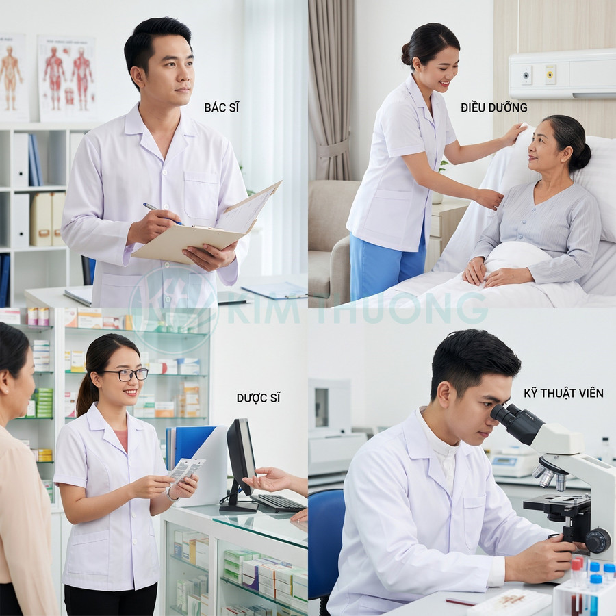 Bác sĩ, điều dưỡng, dược sĩ và kỹ thuật viên y khoa trong đồng phục trắng làm việc tại bệnh viện