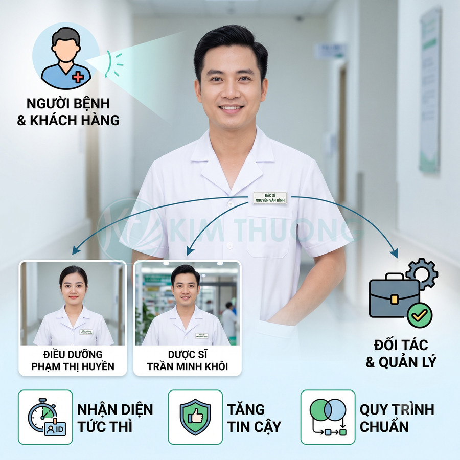 Bác sĩ và nhân viên y tế đeo bảng tên tại bệnh viện giúp nhận diện nhanh, tăng tin cậy và chuẩn hóa quy trình chăm sóc