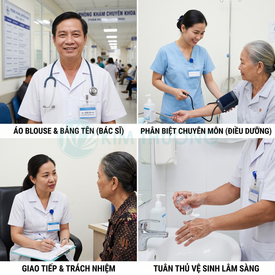 Bác sĩ và điều dưỡng mặc áo blouse, đeo bảng tên, chăm sóc bệnh nhân và rửa tay sát khuẩn trong bệnh viện