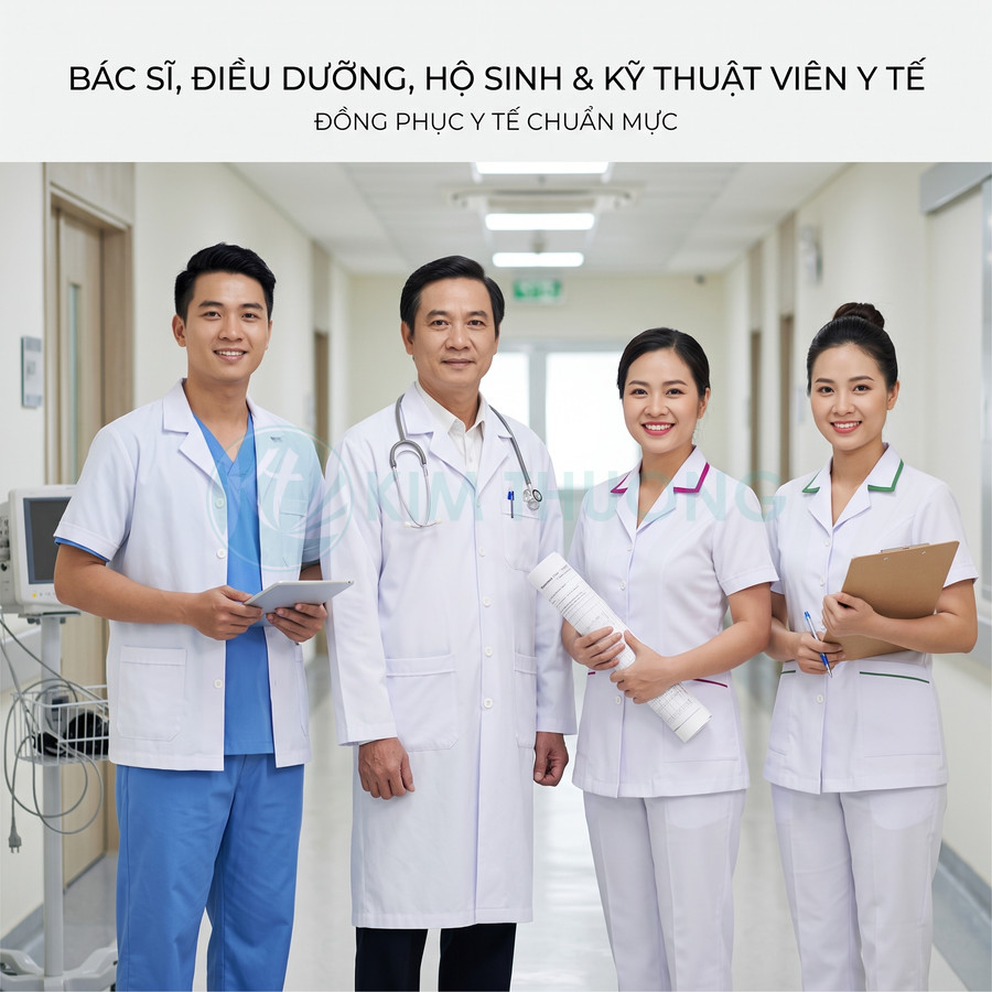 Nhóm bác sĩ và điều dưỡng mặc đồng phục y tế trắng đứng trong hành lang bệnh viện