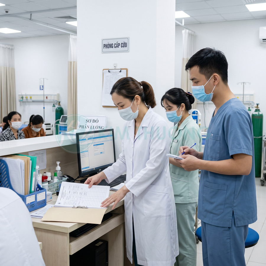 Bác sĩ và điều dưỡng đeo khẩu trang làm hồ sơ bệnh án tại quầy tiếp nhận phòng cấp cứu