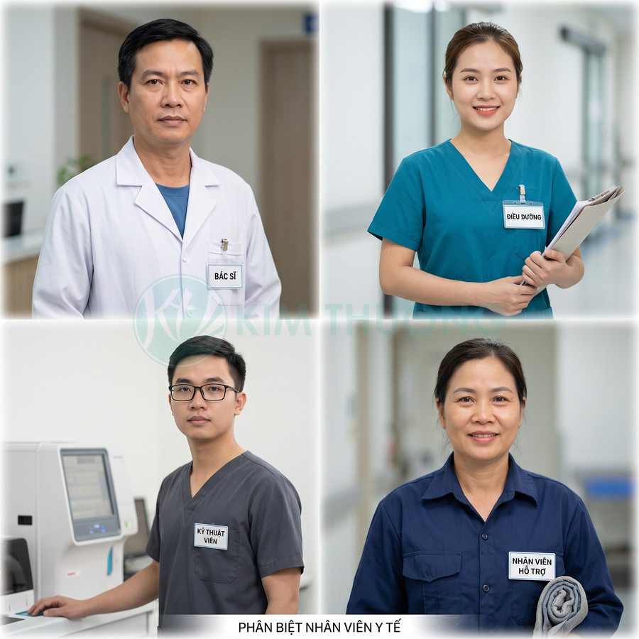Bốn nhân viên y tế gồm bác sĩ, điều dưỡng, kỹ thuật viên và nhân viên hỗ trợ với bảng tên riêng biệt