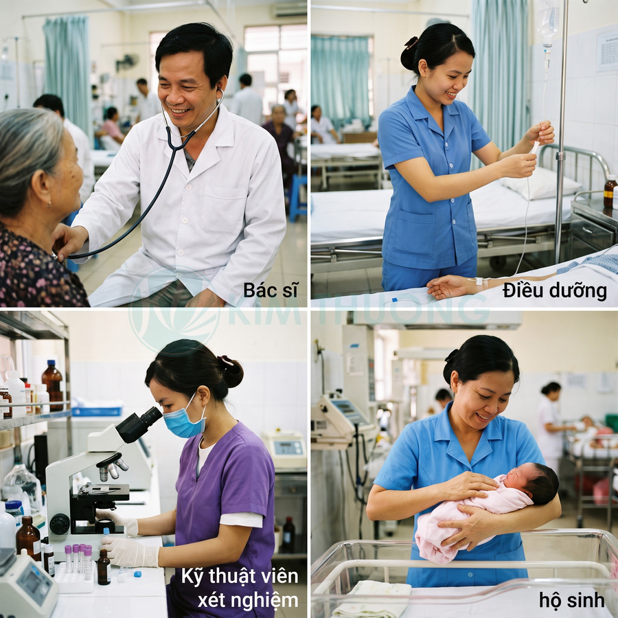 Bác sĩ, điều dưỡng, kỹ thuật viên xét nghiệm và hộ sinh đang chăm sóc bệnh nhân trong bệnh viện