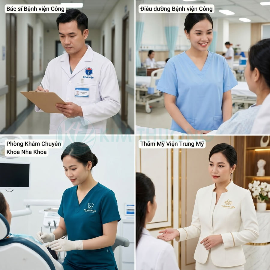 Đồng phục bác sĩ, điều dưỡng, nha sĩ và nhân viên thẩm mỹ viện chuyên nghiệp trong môi trường y tế