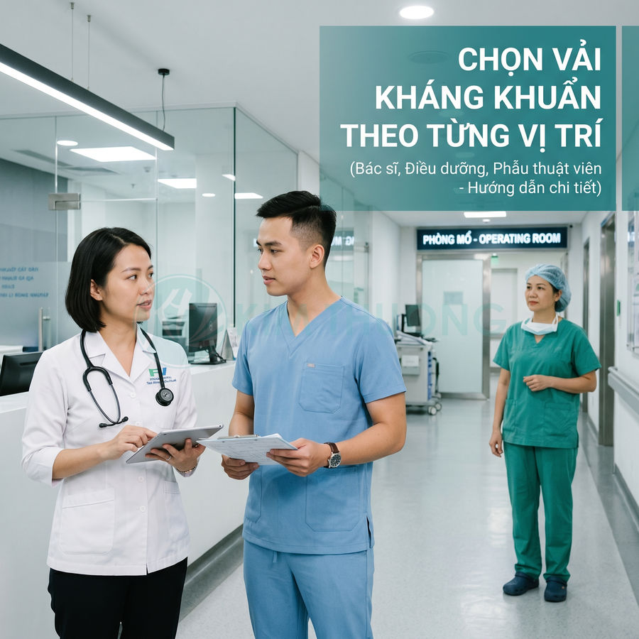 Bác sĩ và điều dưỡng mặc đồng phục vải kháng khuẩn trao đổi hồ sơ trước phòng mổ trong bệnh viện