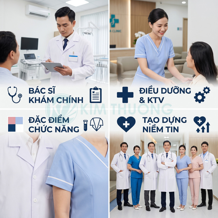 Đội ngũ bác sĩ và điều dưỡng mặc đồng phục y tế tư vấn, chăm sóc bệnh nhân tại phòng khám hiện đại