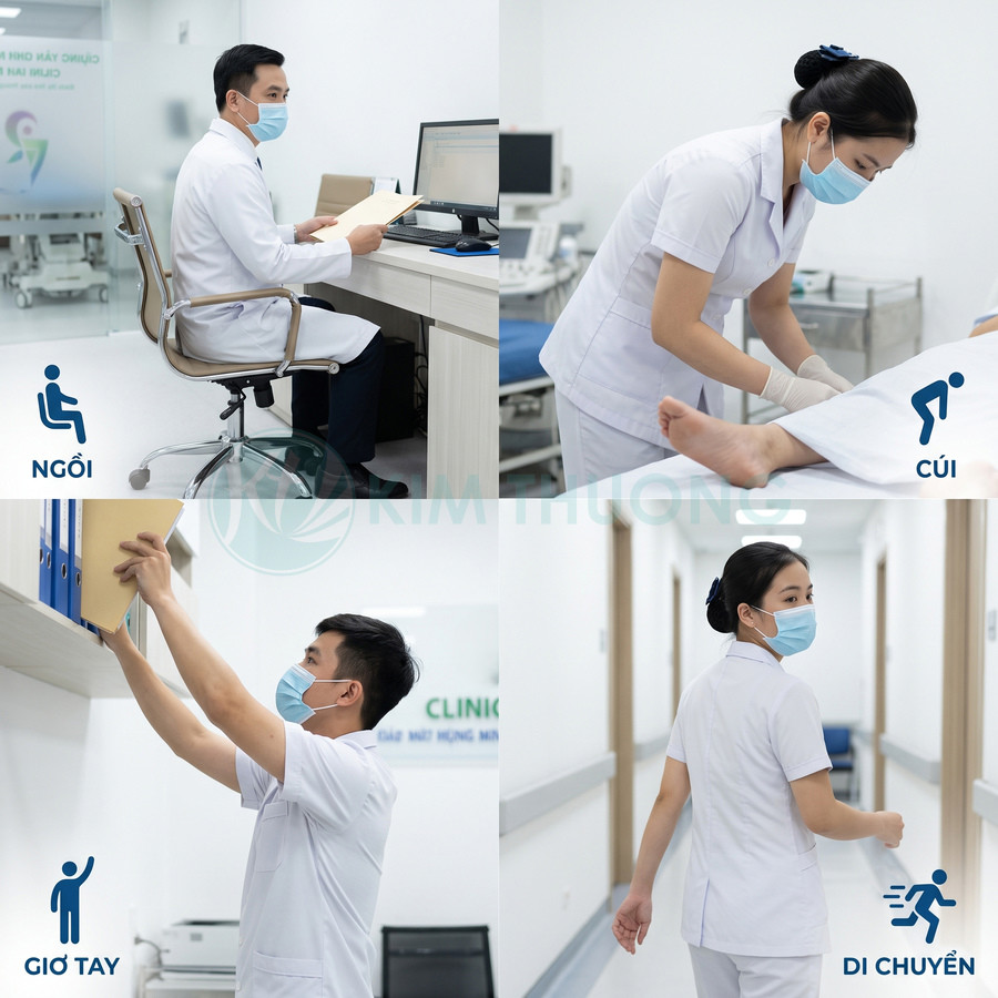 Nhân viên y tế đeo khẩu trang thực hiện các tư thế ngồi, cúi, giơ tay và di chuyển trong phòng khám