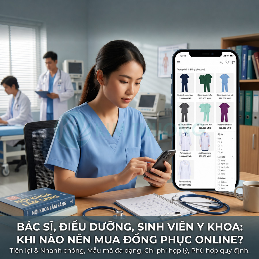 Nữ nhân viên y tế mặc scrubs xanh dương dùng điện thoại mua đồng phục y tế online trong phòng khám