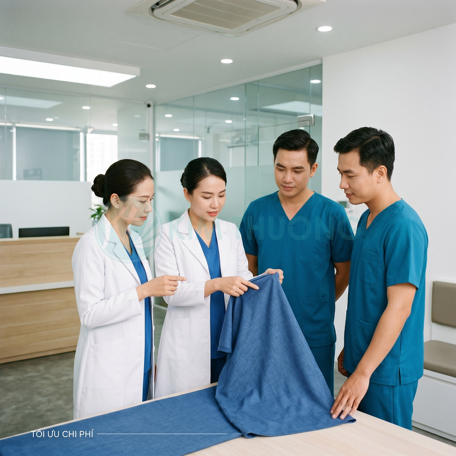 Bác sĩ và điều dưỡng mặc đồng phục y tế xanh trắng đang kiểm tra khăn trải giường bệnh viện màu xanh