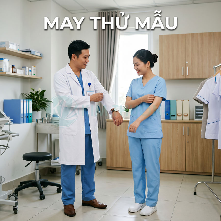 Bác sĩ và y tá mặc thử đồng phục y tế màu xanh trong phòng khám hiện đại