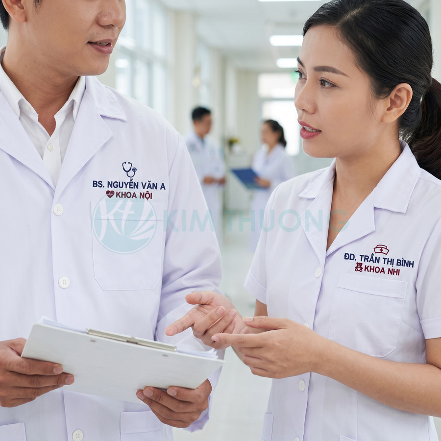 Đồng phục bác sĩ và điều dưỡng thêu tên khoa nội khoa nhi màu trắng trong bệnh viện