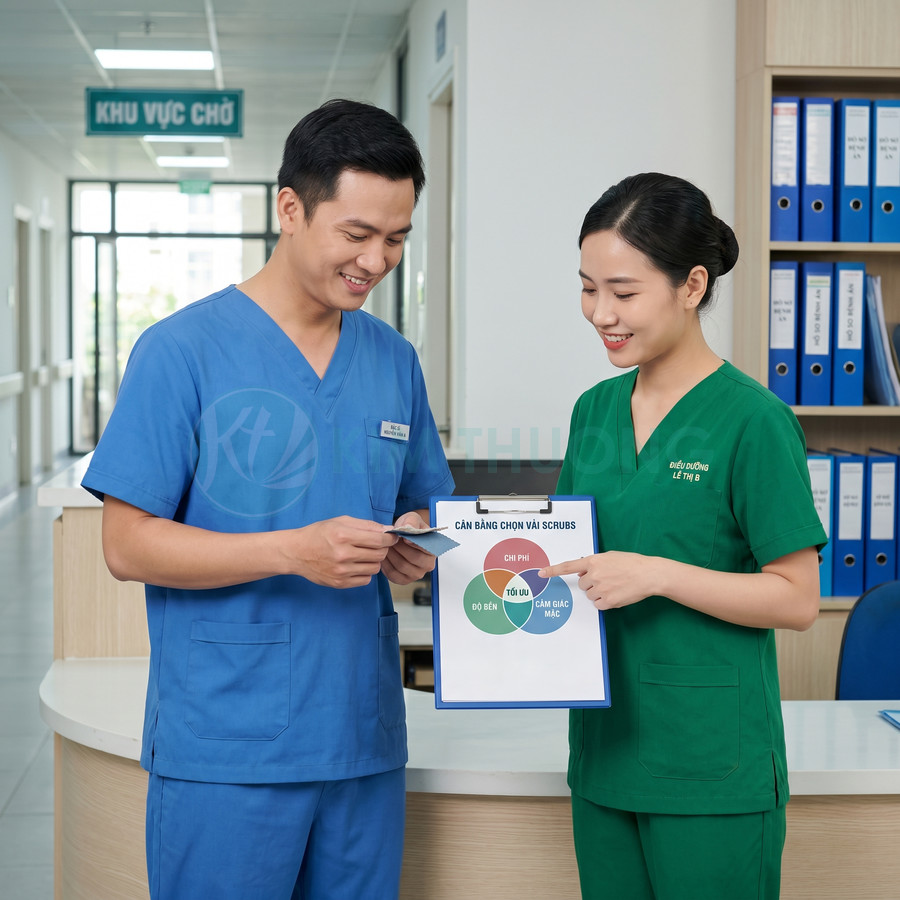 Hai nhân viên y tế mặc đồng phục scrubs xanh dương và xanh lá trao đổi tài liệu tại quầy tiếp đón