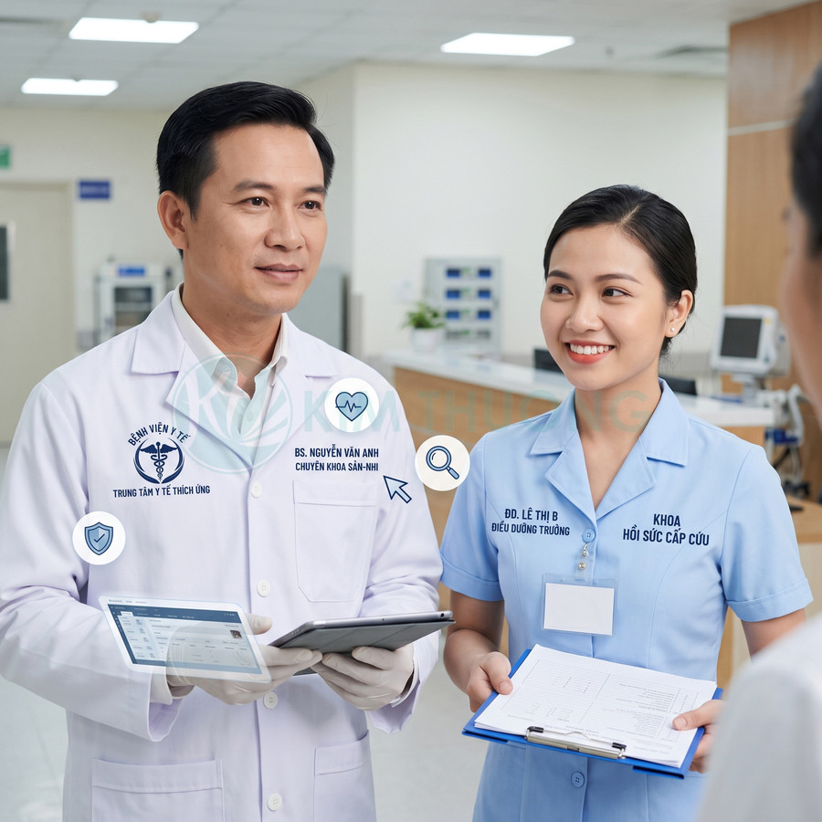 Bác sĩ và điều dưỡng bệnh viện sử dụng máy tính bảng và hồ sơ bệnh án trong phòng khám hiện đại