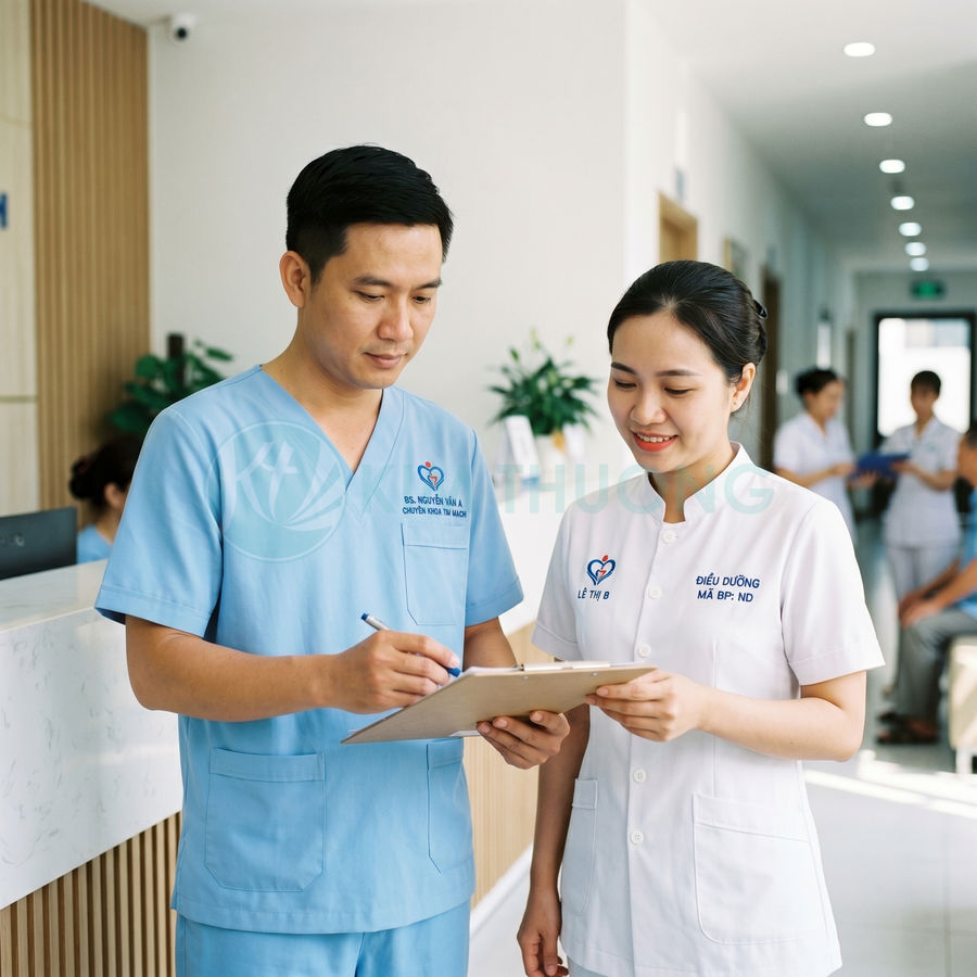 Bác sĩ và điều dưỡng bệnh viện trao đổi hồ sơ bệnh án trên bảng kẹp trong hành lang khám chữa bệnh