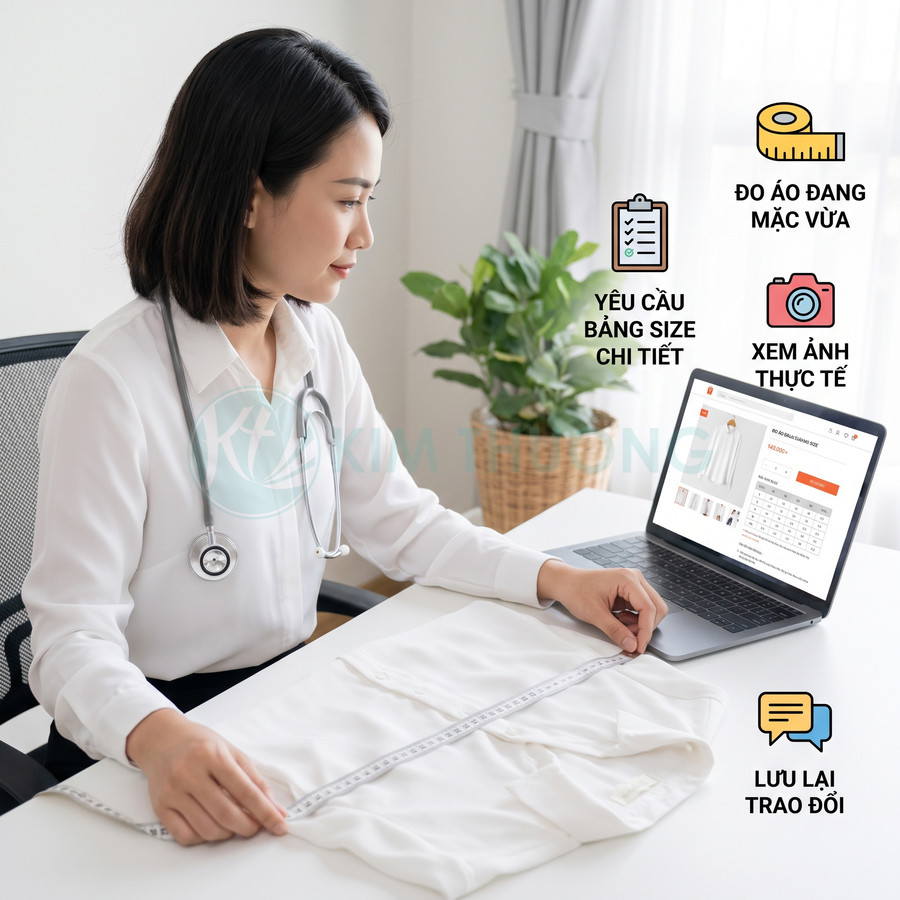Áo sơ mi trắng được đo kích thước bằng thước dây bên cạnh laptop hiển thị bảng size chi tiết