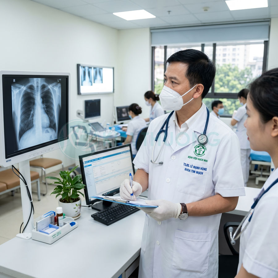 Bác sĩ bệnh viện Bạch Mai xem phim chụp X quang phổi trên màn hình và ghi chép hồ sơ bệnh án
