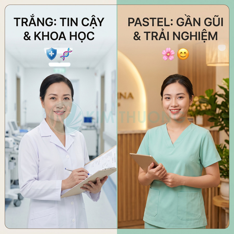 So sánh đồng phục bác sĩ áo blouse trắng và điều dưỡng mặc đồ pastel xanh trong phòng khám hiện đại