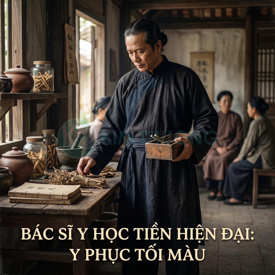 Bác sĩ y học cổ truyền mặc áo dài tối màu đang bốc thuốc nam trong phòng khám truyền thống